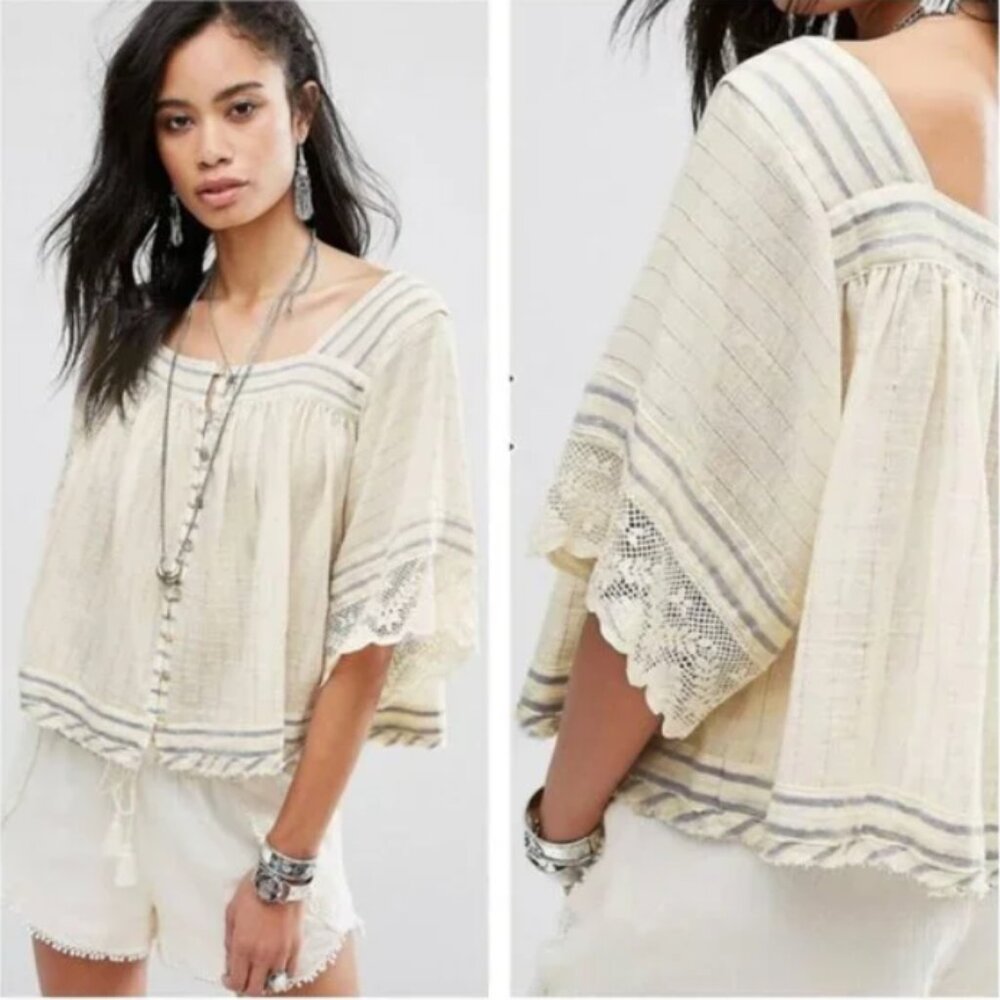 Free People Ivory See Saw Rainbow Metallic Pinstripe Top Size XS
